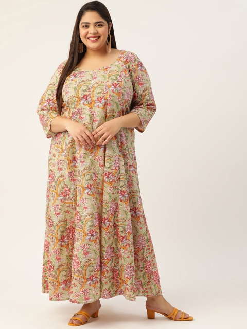 

Revolution Plus Size Beige & Green Ethnic Printed Pure Cotton Maxi Dress