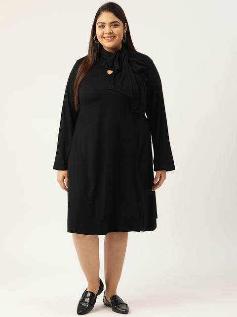 

Revolution Plus Size Black Solid Tie-Up Neck A-Line Dress