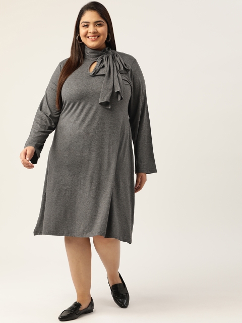

Revolution Plus Size Charcoal Grey Solid Tie-Up Neck A-Line Dress