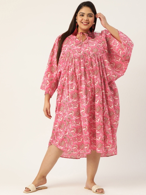 

Revolution Plus Size Pink & Off White Ethnic Print Tie-Up Neck Cotton A-Line Midi Dress