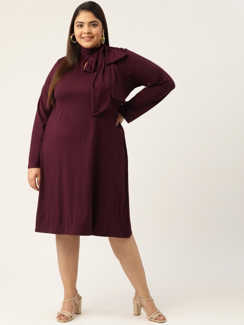 

Revolution Plus Size Burgundy Solid Tie-Up Neck A-Line Dress