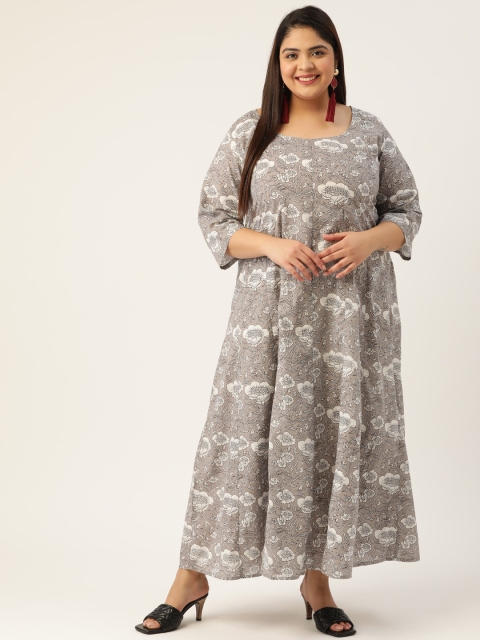 

Revolution Plus Size Grey & Off White Ethnic Printed Pure Cotton Maxi Dress