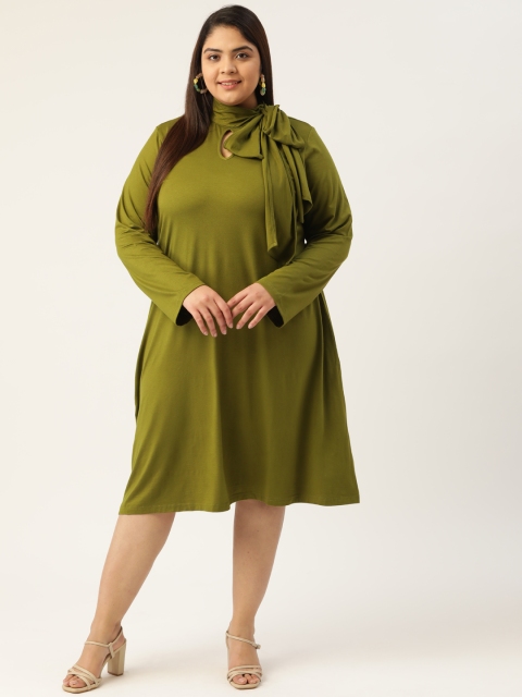 

Revolution Plus Size Olive Green Solid Tie-Up Neck A-Line Dress
