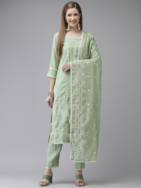 

Ishin Women Green & White Floral Embroidered Thread Work Kurta with Trousers & Dupatta
