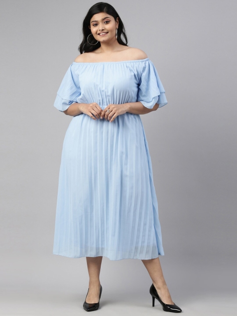 

The Pink Moon Blue Off-Shoulder Accordian Pleated Midi Dress