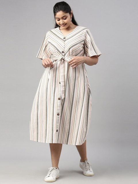 

The Pink Moon Women Beige & Pink Striped Belted Cotton Shirt Midi Dress