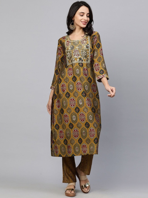 

FASHOR Women Yellow Floral Embroidered Regular Sequinned Kurta with Trousers