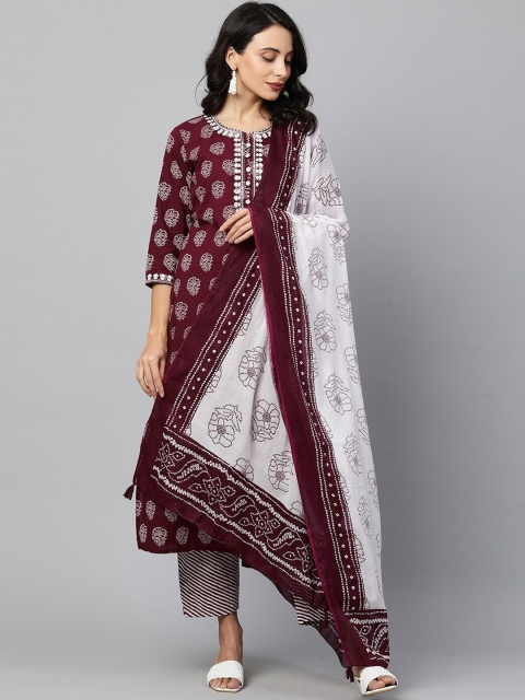 

FASHOR Purple Ethnic Motifs Printed Pure Cotton Kurta with Trousers & With Dupatta