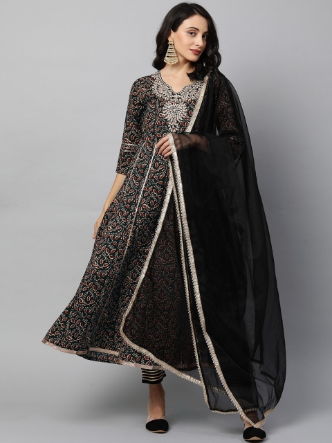 

FASHOR Women Black & Red Floral Pleated Pure Cotton Kurta With Trousers & Dupatta