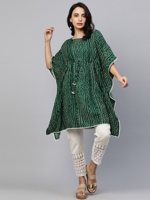 

FASHOR Green Bandhani Woven Design Flared Sleeves Kaftan Kurti