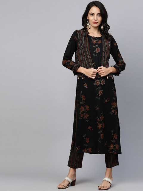 

FASHOR Women Black Floral Printed Layered Kurta with Trousers & Jacket