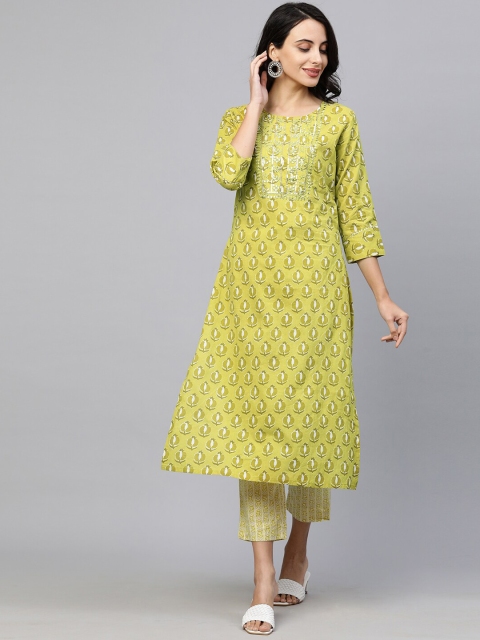 

FASHOR Women Green Ethnic Motifs Screen Printed Regular Pure Cotton Kurta with Trousers