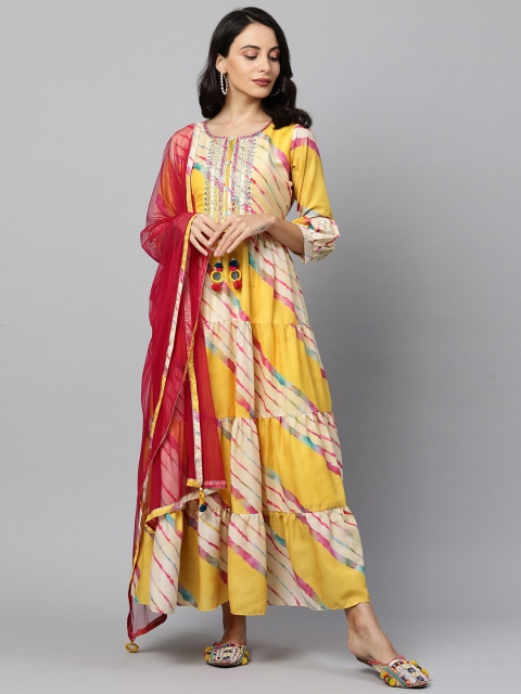 

FASHOR Women Yellow & Pink Leheriya Maxi Dress with Dupatta
