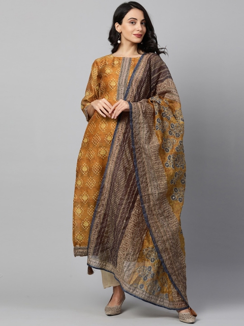 

FASHOR Women Mustard Yellow Printed Flared Sleeves Chanderi Silk Chanderi Silk Anarkali Kurta