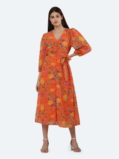 

Ashnaina Orange Floral Georgette Midi Dress