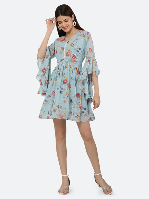 

Ashnaina Women Blue & Pink Floral Printed Georgette Dress