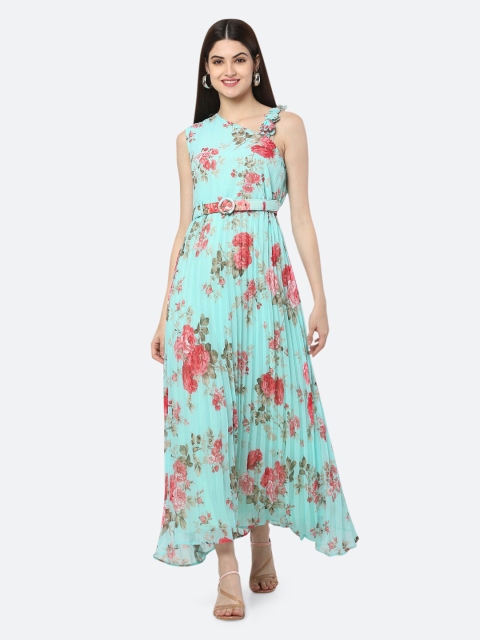 

Ashnaina Turquoise Blue & Peach-Coloured Floral Georgette Maxi Dress
