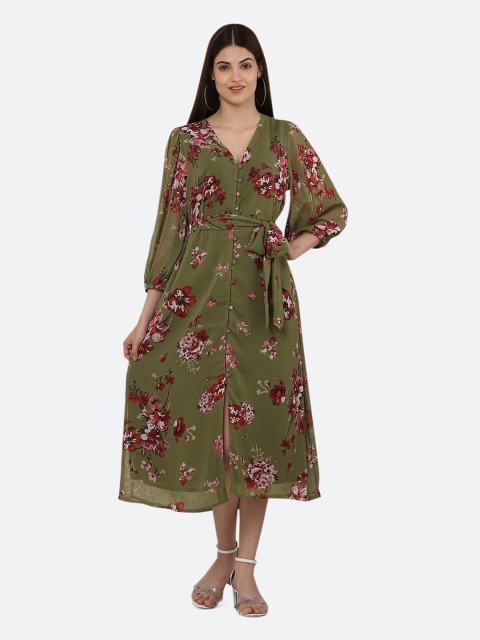 

Ashnaina Women Green & Maroon Floral Belted Georgette Midi Dress