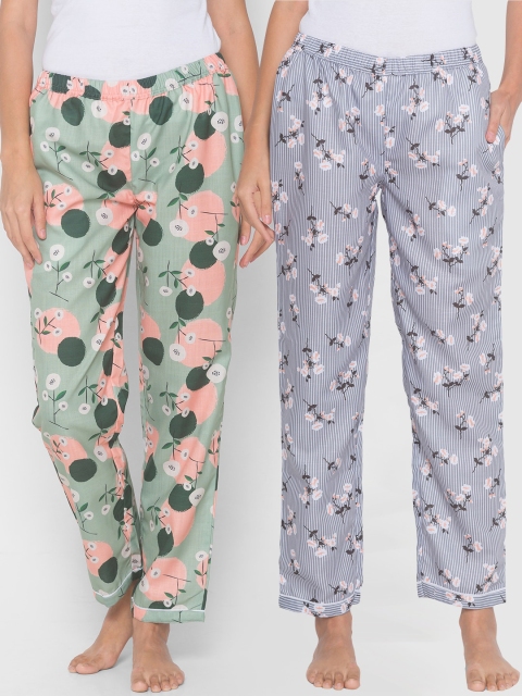 

FashionRack Pack of 2 Grey & Green Cotton Printed Lounge Pants