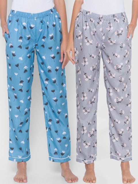 

FashionRack Women Pack of 2 Grey & Blue Cotton Printed Lounge Pants