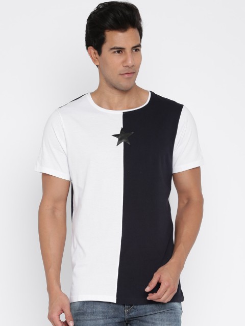 

MR BUTTON Men Navy & White Colourblocked Round Neck T-shirt, Navy blue