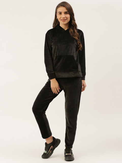 

BROOWL Women Black Velvet Solid Sweatshirt & Track Pant Co-ords
