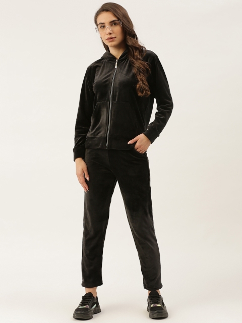 

BROOWL Women Black Velour Solid Sweatshirt & Track Pant Co-ords