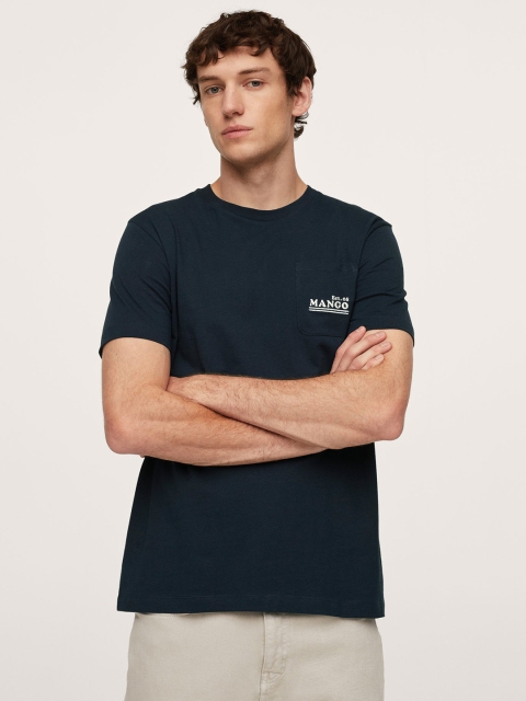 

MANGO MAN Men Navy Blue Brand Logo Printed Pure Cotton T-shirt