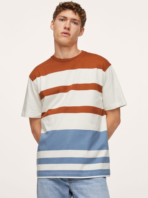 

MANGO MAN Men Rust & Blue Striped Pure Cotton Casual T-shirt
