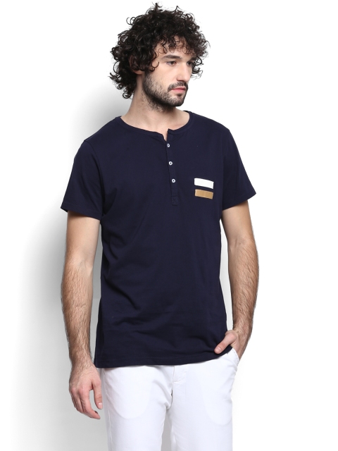 

MR BUTTON Men Navy Solid Henley Neck T-shirt, Navy blue