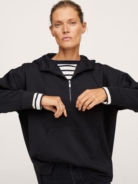 

MANGO Women Black Solid Hooded Sweatshirt