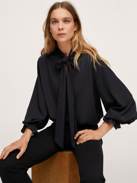 

MANGO Women Black Solid Tie-Up Neck Regular Top