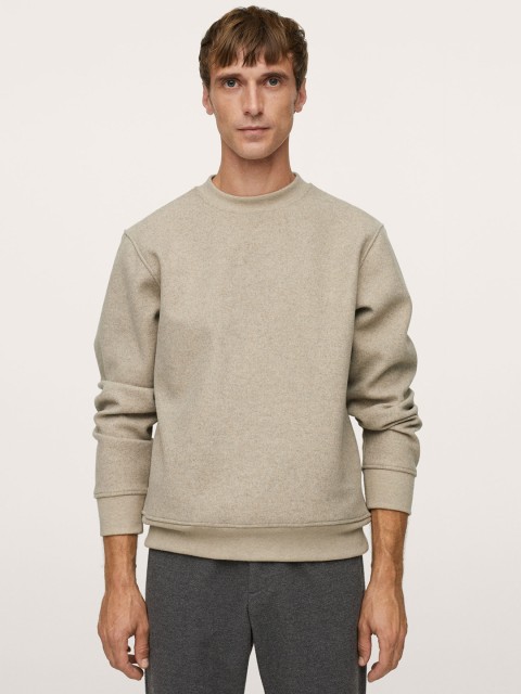 

MANGO MAN Men Beige Solid Pullover Sweatshirt