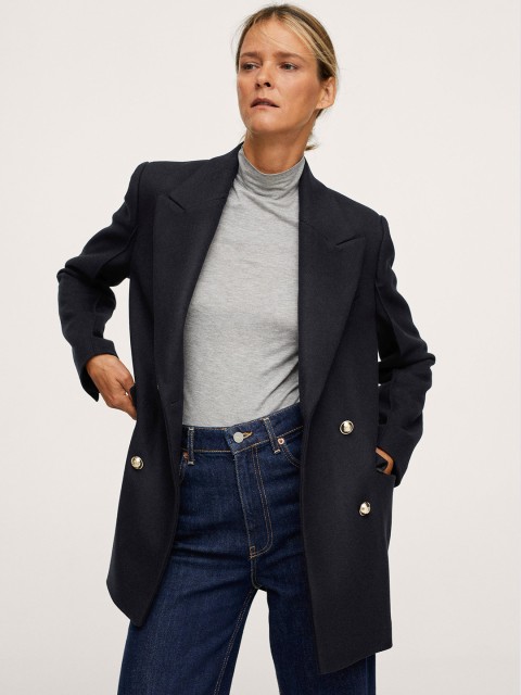 

MANGO Women Black Solid Overcoat