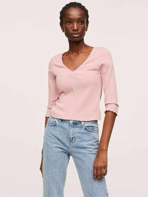 

MANGO Pink Ribbed Ruched Detail Winter Regular Top
