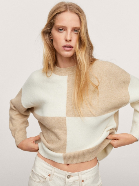 

MANGO Women Beige & Off White Colourblocked Pullover