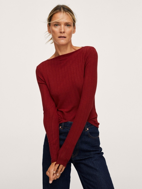 

MANGO Women Maroon Self-Striped T-shirt