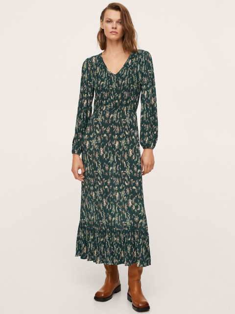 

MANGO Green & Off White Ethnic Motifs Maxi Dress