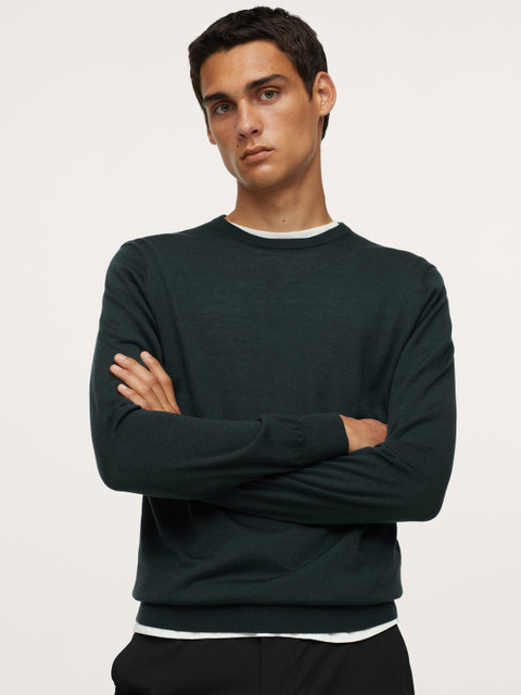 

MANGO MAN Green Solid Merino Wool Pullover