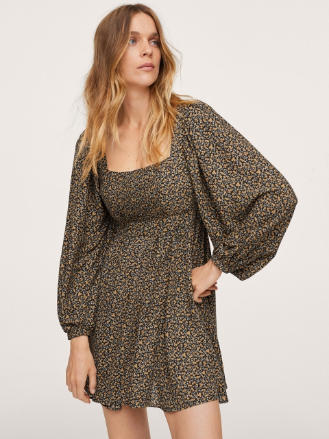 

MANGO Black & Mustard Yellow Floral Puff Sleeves Dress