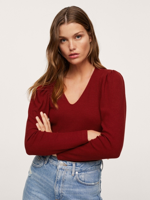 

MANGO Maroon Self-Striped Fitted Top