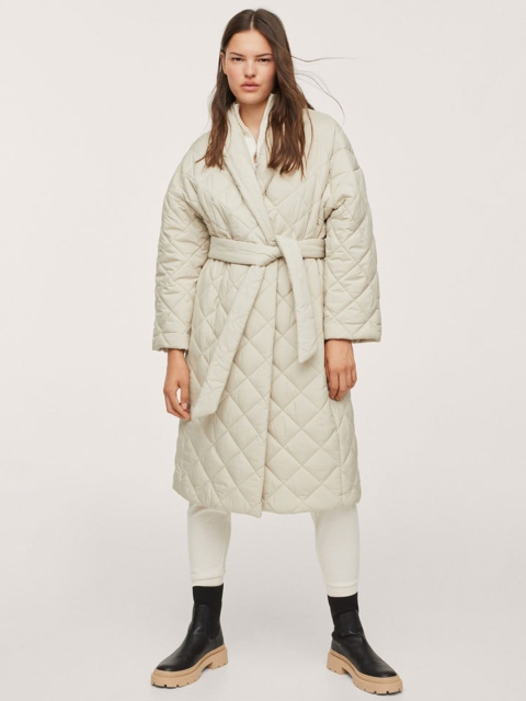 

MANGO Women Off-White Solid Long Line Quilted Trench Coat With Belt