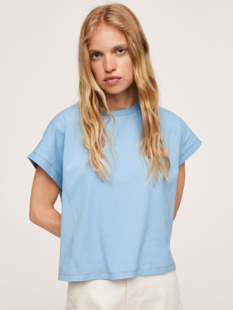 

MANGO Women Blue Pure Cotton Loose T-shirt