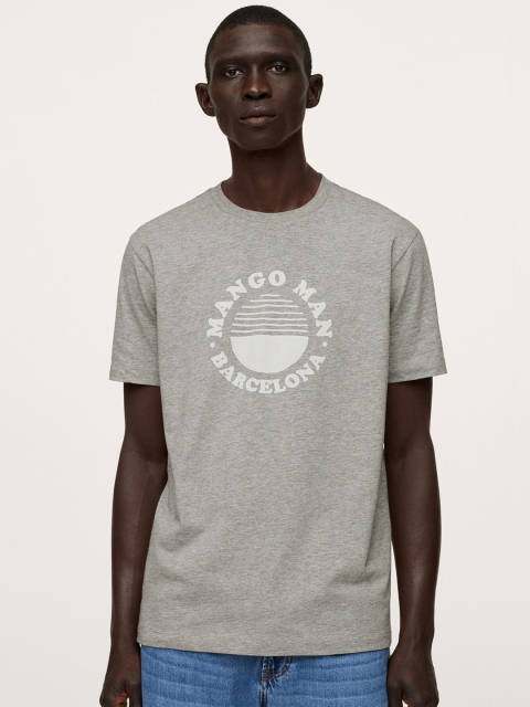 

MANGO MAN Men Grey Melange & White Printed Pure Cotton T-shirt