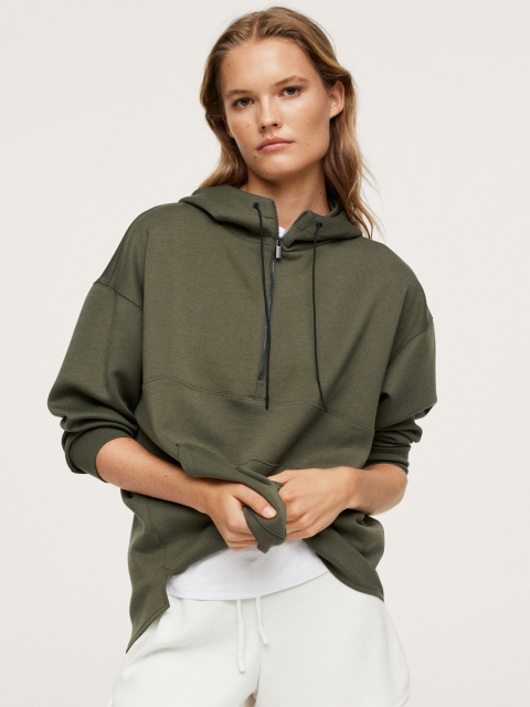 

MANGO Women Olive Green Solid Hooded Sweatshirt with Drop Sleeves