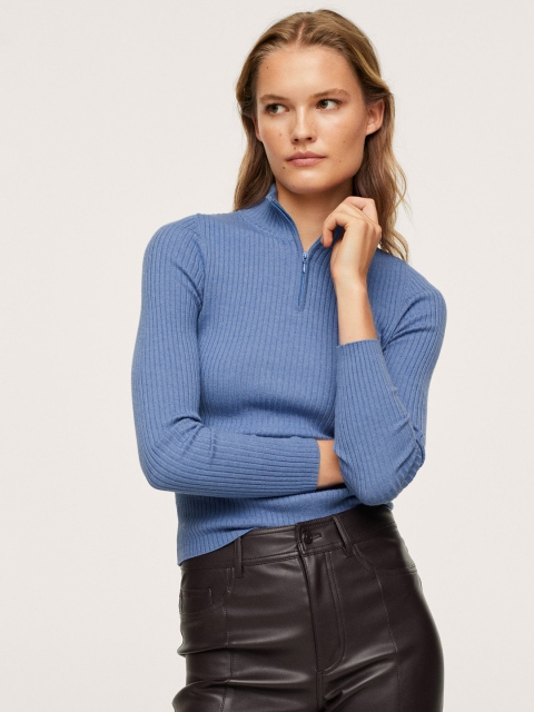

MANGO Women Blue Self-Design Striped Pullover Sweater