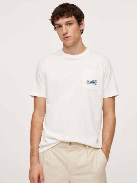 

MANGO MAN Men Off White Brand Logo Printed Pure Cotton T-shirt