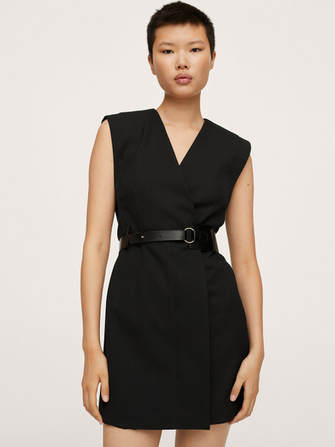 

MANGO Women Black Solid Padded Shoulder Wrap Dress