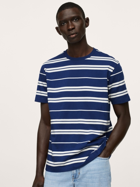 

MANGO MAN Navy Blue & White Striped Pure Cotton T-shirt