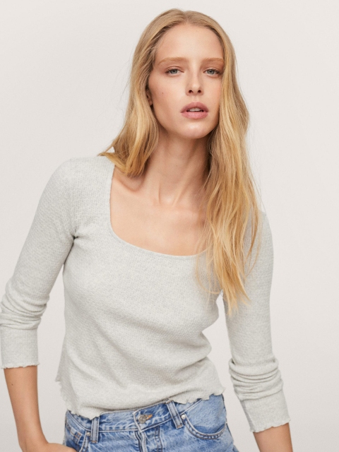 

MANGO Women Grey Melange Self Design Lettuce Hem T-shirt